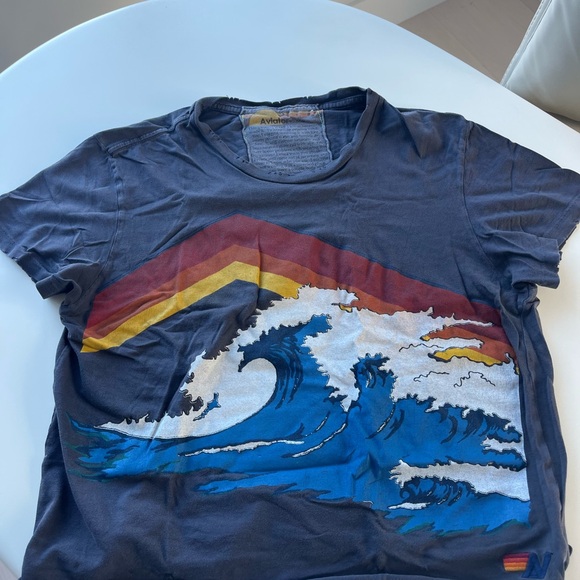 Aviator Nation Tops - Aviator Nation Grey Graphic Tee with Blue Wave & Multicolor Stripes